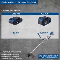 Akku-Freischneider mit Laufzeitvergleich bei 2 Ah und 4 Ah Batterie für Scheppach-Modell BC-BCH380/40-X