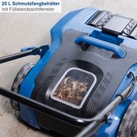 Die Akku-Kehrmaschine C-S610-X von Scheppach verfügt über einen 20-Liter-Schmutzfangbehälter mit Füllstandsanzeige.