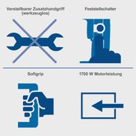 Der Abbruchhammer AB2000 von Scheppach verfügt über einen verstellbaren Zusatzhandgriff (werkzeuglos), einen Feststellschalter, einen Softgrip und eine Motorleistung von 1700 Watt.