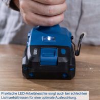 Praktische LED-Arbeitsleuchte sorgt auch bei schlechten Lichtverhältnissen für eine optimale Ausleuchtung. Inkl. 2Ah Akku + 2,4A Ladegerät. Drehmoment 60Nm. Drehmomentstufen 25+1. Brushless-Motor.