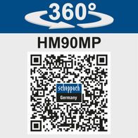 Kappzugsäge HM90MP mit 360°-Schwenkfunktion. Produktname und QR-Code für weitere Informationen. Hersteller: Scheppach, Deutschland.