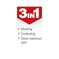 The Scheppach petrol lawnmower MP132-42 features 3-in-1 functionality: mowing, collecting, and deck washout port. Perfect for efficient lawn care.