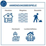 Das Produkt verfügt über eine Fahrvorrichtung und eine Gummiplatte. Die Rüttelplatte HP1100S hat eine Verdichtungstiefe von 25 cm und eine Vorlaufgeschwindigkeit von 25 m/min. Sie hat eine Größe von 530x350 mm und eine Leistung von 5,5 PS.