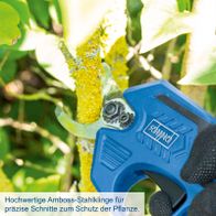 Präzise Akku-Astschere mit Amboss-Stahlklinge für präzise Schnitte, inklusive Handschutz und automatischer Abschaltung.