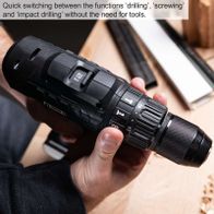 The cordless impact drill C-SBS45BE-X by Scheppach allows quick switching between drilling, screwing, and impact drilling functions without tools. It features a torque of 45 Nm and 19+1 torque settings.