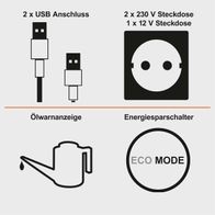 Der Inverter Stromerzeuger IX-IVG-3500 IXES verfügt über 2 x USB-Anschlüsse, 2 x 230 V Steckdosen und 1 x 12 V Steckdose. Er hat eine Ölwarnanzeige und einen Energiesparschalter (Eco Mode).