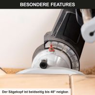 Der Sägekopf ist beidseitig bis 48° neigbar. Diese Funktion ermöglicht präzises Schneiden in verschiedenen Winkeln.