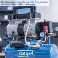 Der Scheppach Kompressor HC08Si verfügt über einen Doppelzylinder für hohe Ansaugleistung und schnelles Auffüllen des Kessels.