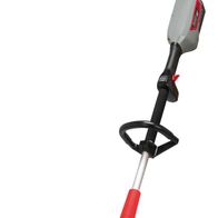 Akku Rasentrimmer BCH3300-40Li von Scheppach, seitlich fotografiert. Der Rasentrimmer hat einen schwarzen Griff mit rotem Handschutz und eine schwarze Schneidspule.