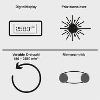 Tischbohrmaschine mit Präzisionslaser, digitaler Drehzahlanzeige (2580 min⁻¹) und variablem Drehzahlbereich (440–2850 min⁻¹) über Riemenantrieb.
