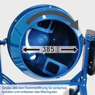 Der Betonmischer MIX140 von Scheppach hat eine große Trommelöffnung von 385 mm für einfaches Befüllen und Entleeren des Mischguts.