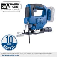 Scheppach Akku-Stichsäge mit 10-jähriger Garantie, 20V-Batterie-System, 19 mm Hubhöhe, 0–2400 U/min Hubzahl, 7 Einstellbare Schnittwinkel
