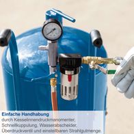 Das mobile Sandstrahlgerät SBT-80 bietet einfache Handhabung durch Kesselinnendruckmanometer, Schnellkuppulung, Wasserabscheider, Überdruckventil und einstellbare Strahlgutmenge.