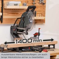Kapp-Zugsäge mit ausziehbaren Werkstückauflagen bis zu 1400 mm Länge für sicheres Bearbeiten langer Werkstücke.