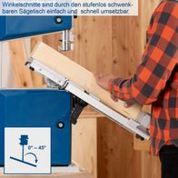 Die Bandsäge HBS261 von Scheppach ermöglicht Winkelschnitte durch den stufenlos schwenkbaren Sägetisch. Der Tisch lässt sich von 0° bis 45° einstellen, was präzise und flexible Schnitte ermöglicht.
