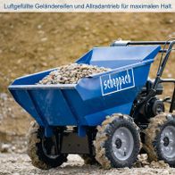 Allradantrieb mit gepolsterten Reifen für robuste Geländetauglichkeit, Kippbehälter mit 125 Litern, Scheppach-Dumper DP3100