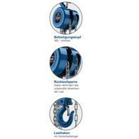 Der Befestigungskopf des Kettenzugs CB02 von Scheppach ist 360 Grad drehbar. Die Rücklaufsperre verhindert das ungewollte Absenken der Last. Der Lasthaken verfügt über einen Sicherheitsbügel.