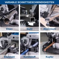 Metallbandsäge mit Variospeed für verschiedene Materialien: Eisen, Stahl, Edelstahl, Kunststoff, Kupfer, Aluminium