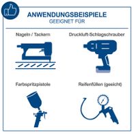 Anwendungsbeispiele für den Kompressor HC120DC: Geeignet für Nageln/Tackern, Druckluft-Schlagschrauber, Farbspritzpistole und Reifenfüllen (geeicht).
