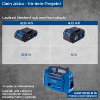 Scheppach Hybrid-Kompressor Airforce 6 mit Akkudaten, Laufzeit und Leistungsangaben für Niederdruck und Hochdruck
