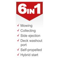 The petrol ride-on lawnmower MR225-61 by Scheppach offers the following features: mowing, collecting, side ejection, deck washout port, self-propelled, and hybrid start.