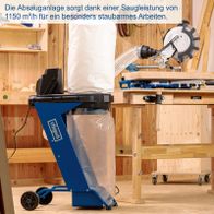 Die Absauganlage sorgt dank einer Saugleistung von 1150 m³/h für ein besonders staubarmes Arbeiten. Sie verfügt über ein 75L Volumen und eine Leistung von 550W. Inklusive 4-teiliges Adapterset.