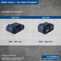 Akku-Bodenhacke mit Laufzeitvergleichen für 2,0 Ah und 4,0 Ah Batterien, Laufzeitangaben im Leerlauf