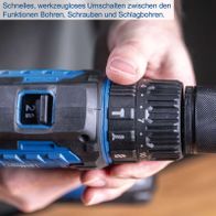 Die Akku-Schlagbohrmaschine C-CD45-X von Scheppach ermöglicht schnelles, werkzeugloses Umschalten zwischen den Funktionen Bohren, Schrauben und Schlagbohren. Sie bietet ein Drehmoment von 45 Nm und verfügt über 19+1 Drehmomentstufen.