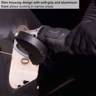The cordless angle grinder C-WS125BE-X by Scheppach features a slim housing design with a soft grip and aluminium front, allowing work in narrow areas.