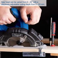 Scheppach cordless circular saw with adjustable blade head (0–45° angle, 0–53 mm depth)