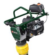 Vibrationsstampfer PVS 4780 A1 Parkside LB8, Ansicht von vorne. Grüner Rahmen mit schwarzem Motor und gelbem Gummifuß.