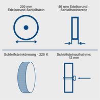 Der Edelkorund-Schleifstein hat einen Durchmesser von 200 mm und eine Breite von 40 mm. Die Schleifsteinkörnung beträgt 220 K und die Schleifsteinaufnahme hat einen Durchmesser von 12 mm.