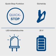Wichtige Funktionen des Akku-Schlagschraubers: Quick-Stop-Funktion mit Gürtelclip, LED-Arbeitsleuchte und 20-Volt-Betrieb