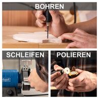 Das Bild zeigt die Funktionen Bohren, Schleifen und Polieren des Doppelschleifers HG35 von Scheppach. Der Doppelschleifer ist ein vielseitiges Werkzeug für präzises Arbeiten.