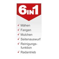 Mulchfunktion, Seitenauswurf, Reinigungsfunktion, Radantrieb und grundlegende Betriebsmerkmale des Scheppach-Benzinrasenmähers