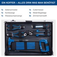 Der Werkzeugkoffer TB200 von Scheppach enthält: 1x Seitenschneider, 1x Kombizange, 1x Wasserpumpenzange, 1x Cuttermesser, 1x Metall-Bügelsäge und 5x Zimmermannsstifte. Alle Werkzeuge sind in einer robusten Aluminiumkiste verpackt.