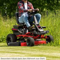 Besonders robust dank Mähwerk aus Stahl. Der Akku-Aufsitzrasenmäher MR-760E Scheppach bietet eine Schnittbreite von 76 cm, 48V 50Ah, LED-Licht und Tempomat.