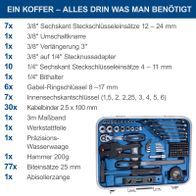 Werkzeugkoffer TB173 von Scheppach mit detaillierter Inhaltsliste für Werkzeuge wie Schraubenschlüssel, Kabelbinder und Adapter