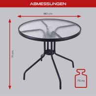 Glasbalkontisch mit 80 cm Durchmesser und 71 cm Höhe, stabiler Metallstuhl mit 75 kg Belastbarkeit