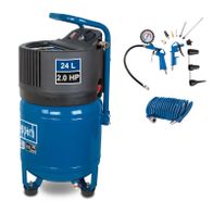Der Scheppach Kompressor HC24V mit 24L Tank, 2.0 HP, 1500W Leistung, 10bar Druck und 180l/min Luftdurchfluss. Ölfrei und wartungsarm.