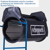 Praktische Bürstenleiste sorgt für zuverlässige Reinigung der Siebtrommel – besonders bei feuchtem Material. Scheppach Rollsieb RS500 mit neigbarer Trommel und Fahrvorrichtung.