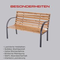 Gartenbank mit lackierten Holzlatten, solide Stahlgestell, hoher Rückenlehne, einfacher Reinigung, 100% standsicher und Klarlack-Lackierung.