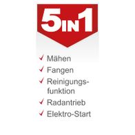 Der Benzin-Rasentraktor TMR452-98C-RD von Scheppach bietet folgende Funktionen: Mähen, Fangen, Reinigungsfunktion, Radantrieb und Elektro-Start.