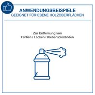 Anwendung des Produkts zur Entfernung von Farben, Lacken und Kleberückständen. Geeignet für ebene Holzoberflächen.