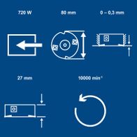 Technische Merkmale der Lackfräse: 720 Watt Leistung, 80 mm Durchmesser, 27 mm Breite, 0–0,3 mm Einstellbare Frästiefe, 10.000 min⁻¹ Drehzahl