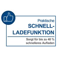 Praktische Schnell-Ladefunktion sorgt für bis zu 40 % schnelleres Aufladen.