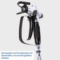 Sprühpistole mit Einrastfunktion für dauerhaftes und ermüdungsfreies Arbeiten. Ideal für präzises Sprühen mit dem Farbsprühsystem ACS3000 von Scheppach.