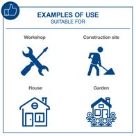 The image shows the usage examples of the cordless impact drill C-CD45-X Scheppach. Suitable for workshop, construction site, house, and garden. The machine offers a 3in1 function and has a torque of 45Nm with 19+1 torque stages.