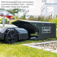Mähroboter-Garage aus hochwertigem, pulverbeschichtetem Stahl. Besonders robust und langlebig. Marke Scheppach, Made in Germany.