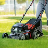 The Scheppach Petrol Push Lawnmower MP132-42 with 42cm cutting width and 45L grass bag. OHC engine with 131cc displacement. Sturdy design for efficient mowing.